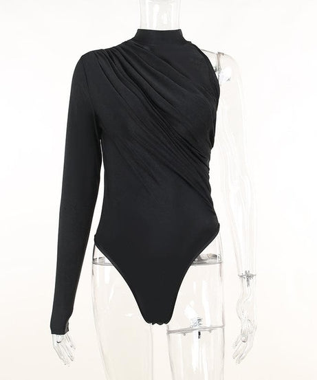 Effortless Fall Chic: Black One-Shoulder Ruched Bodysuit - Draped Mock Neck Style