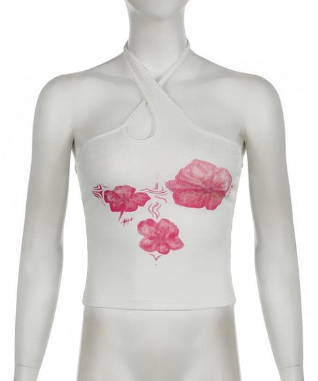 Chic Pink Floral Halter Crop Top – Trendy Cutout Tank for Resort & Late Summer Vibes