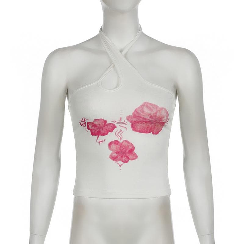 Chic Pink Floral Halter Crop Top – Trendy Cutout Tank for Resort & Late Summer Vibes