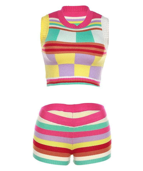 Groovy Getaway Knit Set: Vibrant Checkerboard Crop Top & Striped Shorts