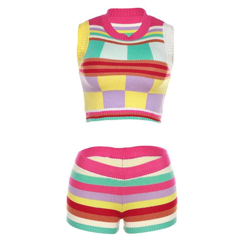 Groovy Getaway Knit Set: Vibrant Checkerboard Crop Top & Striped Shorts