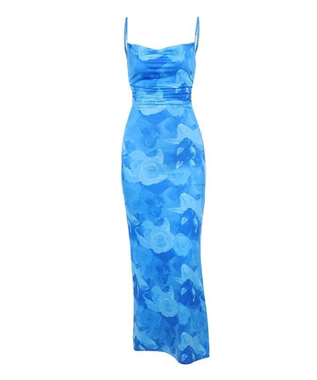 Dreamy Blue Rose Maxi Dress - Chic Cowl Neck & Backless for Fall Events & Vacations