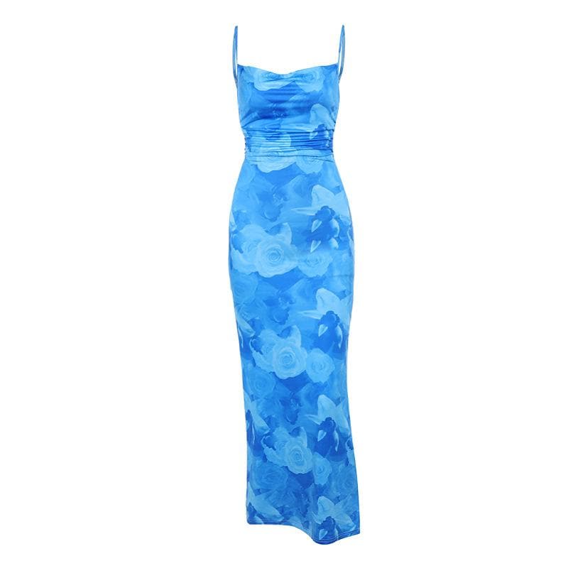 Dreamy Blue Rose Maxi Dress - Chic Cowl Neck & Backless for Fall Events & Vacations
