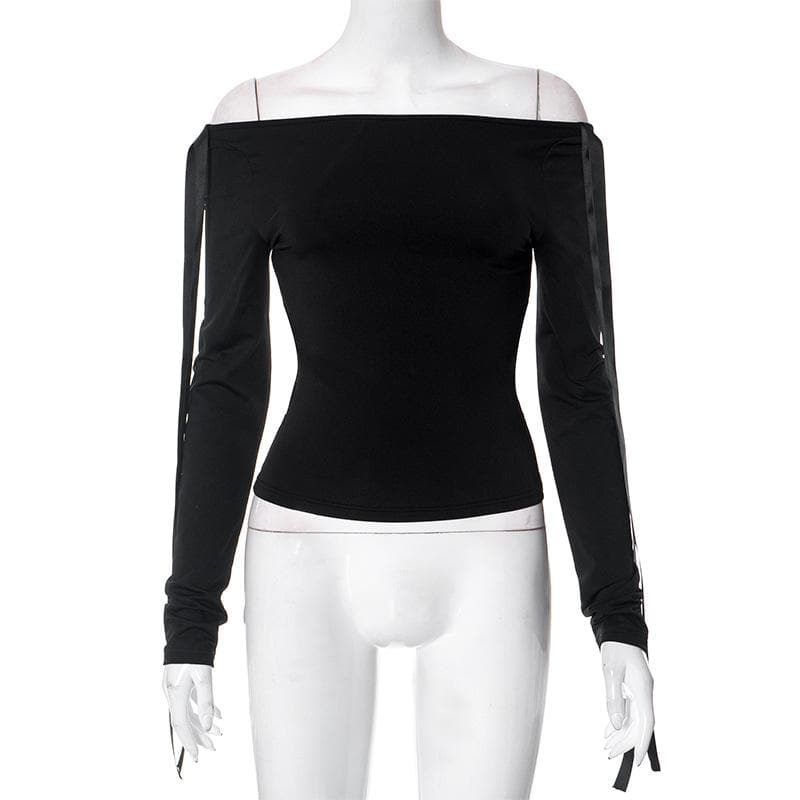 Chic Bow-Tie Long Sleeve Top: Versatile 2-Way Off-Shoulder | Fall & Holiday Essential