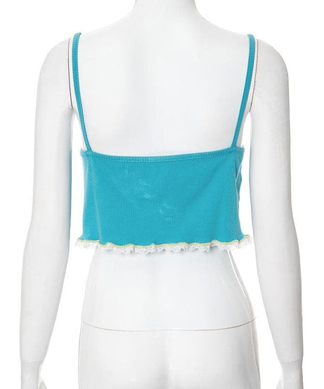 Sweetheart Teal Ribbed Cami Crop Top – Coquette Bow & Lace Ruffle for Fall Layering