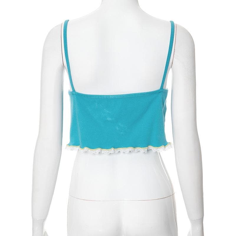 Sweetheart Teal Ribbed Cami Crop Top – Coquette Bow & Lace Ruffle for Fall Layering