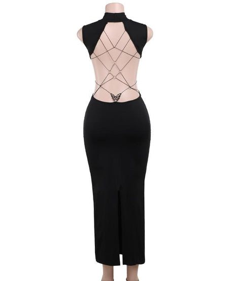 Sleek Black Backless Butterfly Chain Midi Dress with Thigh Slit – Fall & Holiday Event Ready