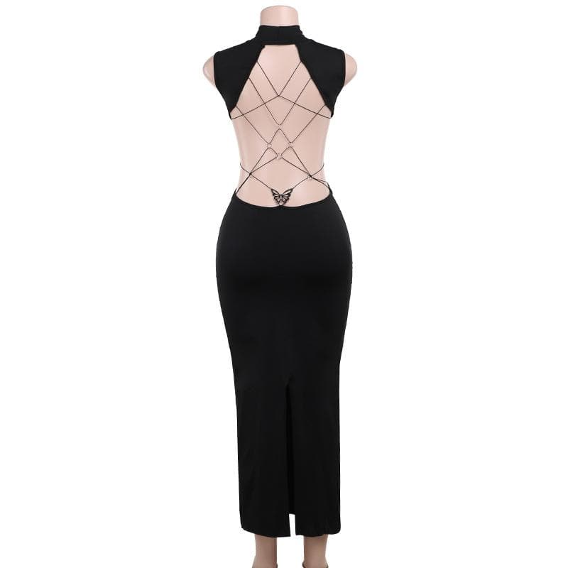 Sleek Black Backless Butterfly Chain Midi Dress with Thigh Slit – Fall & Holiday Event Ready