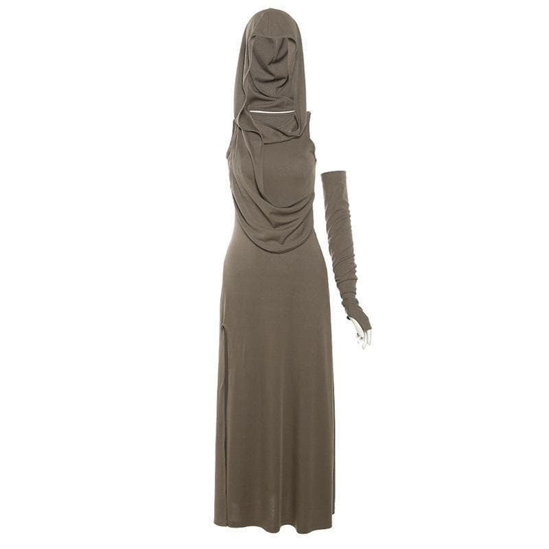 Effortless Autumn Style: Hooded Maxi Dress with High Slit & Arm Warmer Set