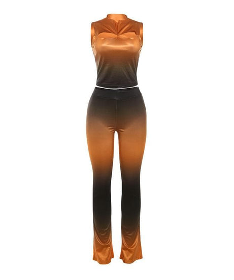 Fall Ombre Chic: Sleeveless Mock Neck Crop Top & Flared Pant Set