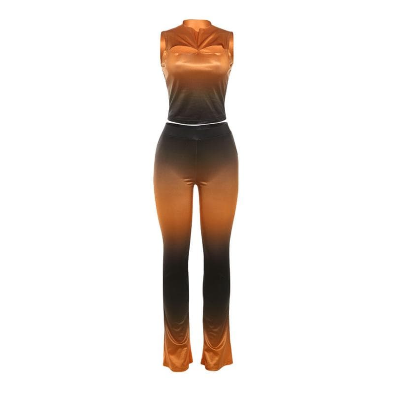 Fall Ombre Chic: Sleeveless Mock Neck Crop Top & Flared Pant Set