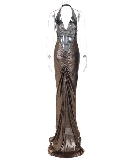Radiant Liquid Bronze Halter Maxi Gown - Your Glamorous Pick for Holiday Parties & NYE