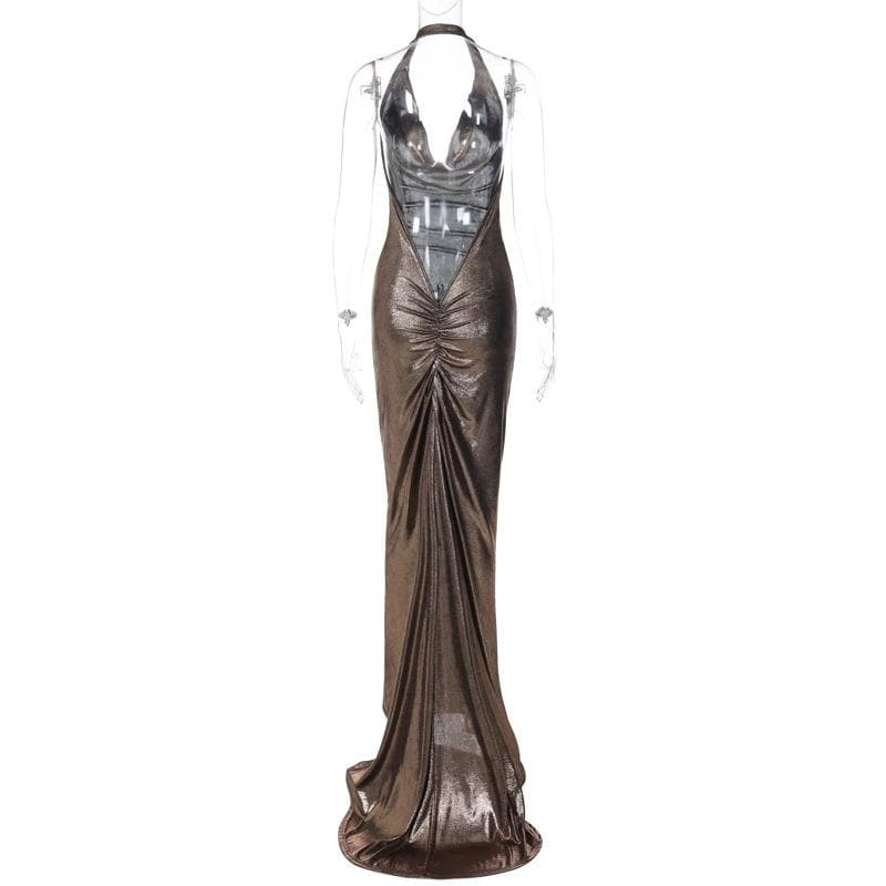 Radiant Liquid Bronze Halter Maxi Gown - Your Glamorous Pick for Holiday Parties & NYE