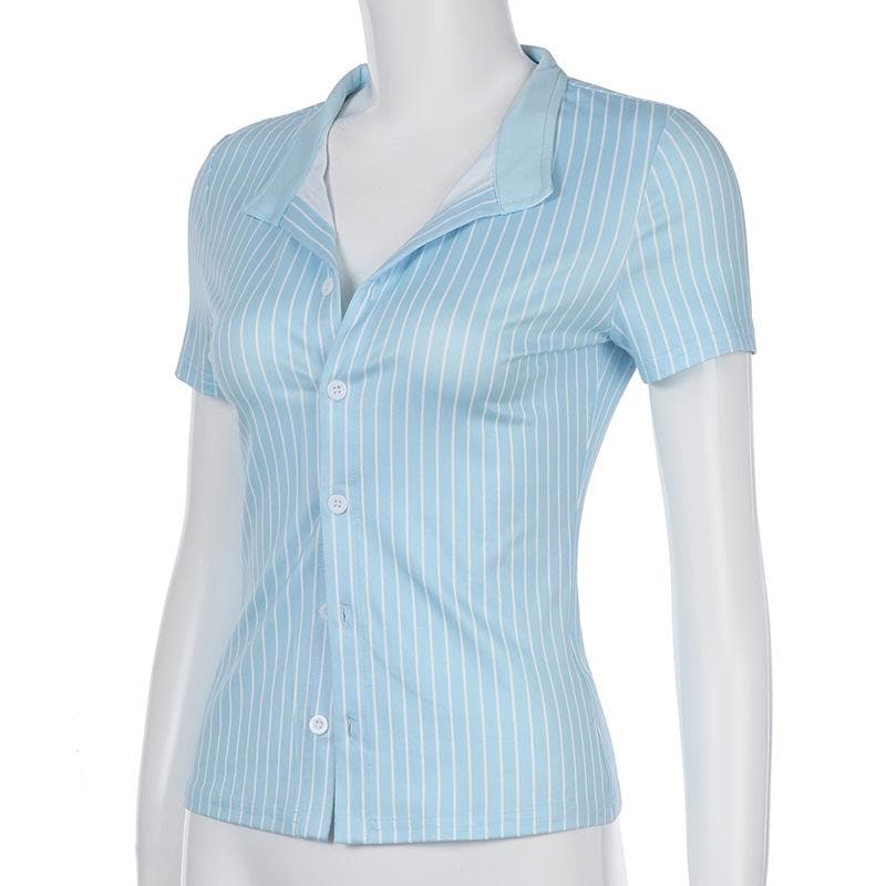Effortless Chic: Women's Blue & White Striped Button-Down Top - Fall Transitional Style