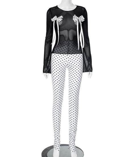 Spooky Chic Polka Dot Bow Mesh Co-ord Set - Daring Halloween & Fall Party Outfit