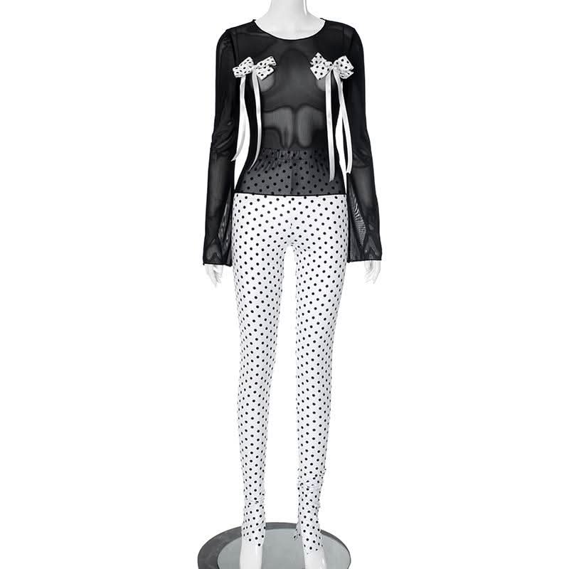 Spooky Chic Polka Dot Bow Mesh Co-ord Set - Daring Halloween & Fall Party Outfit