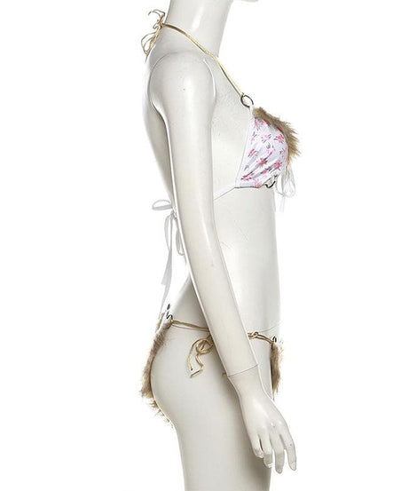 Wild Bloom Fluffy Halter Bikini & Lingerie Set - O-Ring Floral, Festival & Halloween Ready