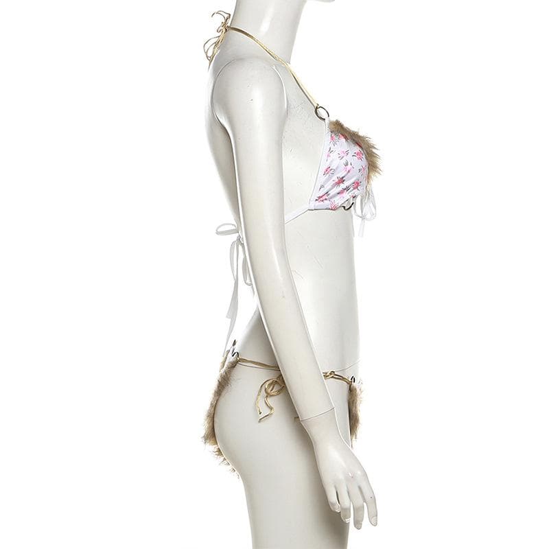 Wild Bloom Fluffy Halter Bikini & Lingerie Set - O-Ring Floral, Festival & Halloween Ready