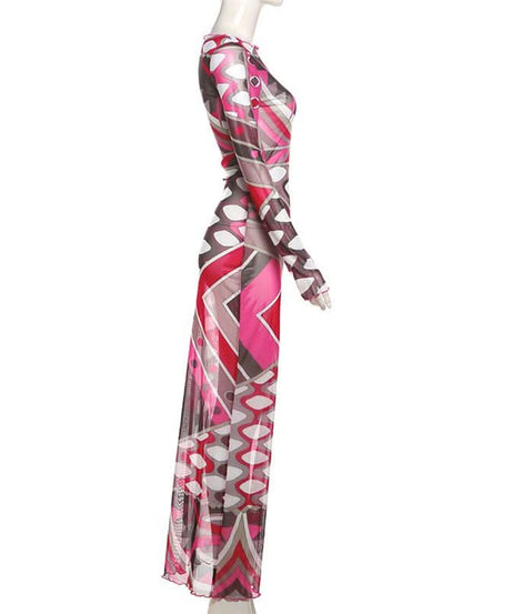 Fall & Holiday Glam: Geo-Abstract Mesh Maxi Dress - Long Sleeve Bodycon Statement