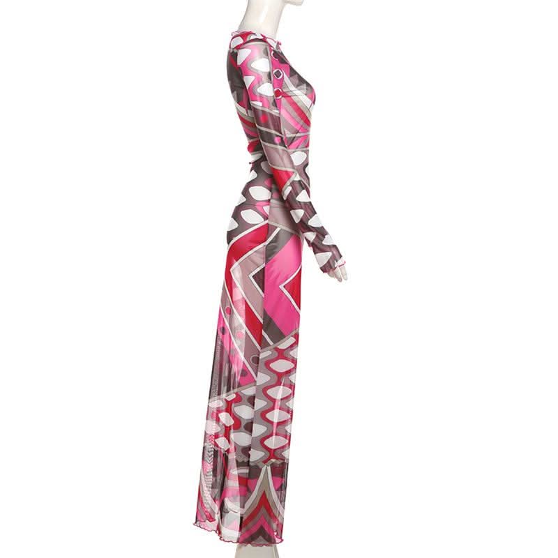 Fall & Holiday Glam: Geo-Abstract Mesh Maxi Dress - Long Sleeve Bodycon Statement
