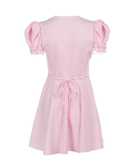 Sweetheart Blush Pink Puff Sleeve Mini Dress - Tie Back & Ruffle Trim for Charming Fall Style