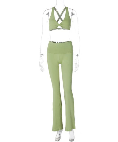 Effortless Fall Comfort: Sage Green Flared Legging & Twisted Crop Top Set - Your Athleisure Essential