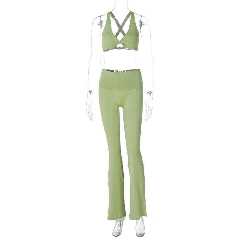 Effortless Fall Comfort: Sage Green Flared Legging & Twisted Crop Top Set - Your Athleisure Essential