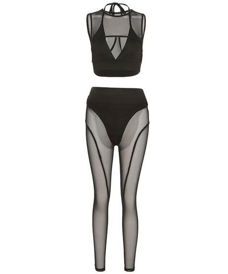 Sultry Sheer Mesh Halter Crop Top & High-Waist Leggings Set – Your Ultimate Halloween, Club & Festival Look