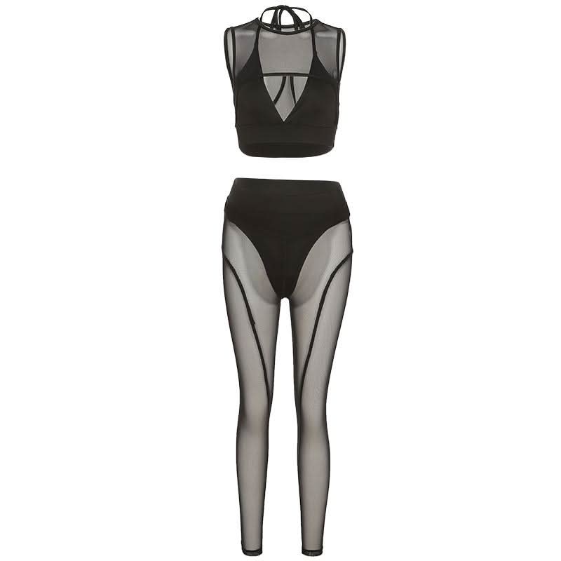 Sultry Sheer Mesh Halter Crop Top & High-Waist Leggings Set – Your Ultimate Halloween, Club & Festival Look