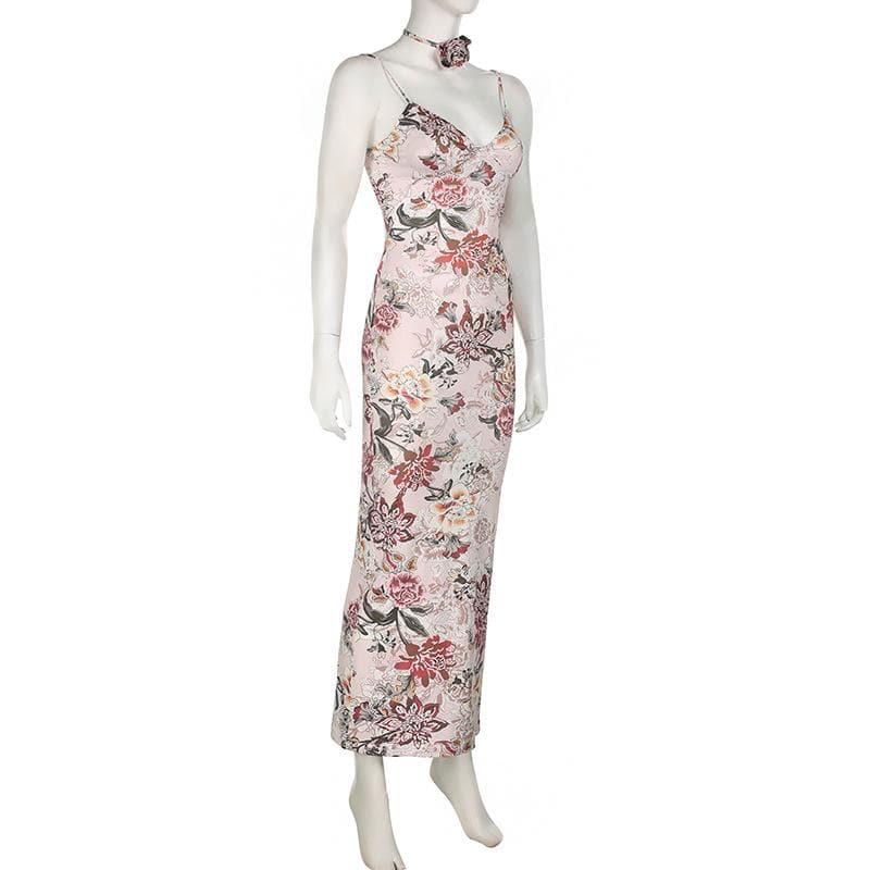 Effortless Autumn Bloom Maxi Dress & Choker Set | Chic V-Neck Floral Gown