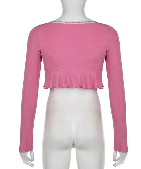 Coquette Dream Pink Lace Peplum Crop Top - Fall's Sweetest Long Sleeve