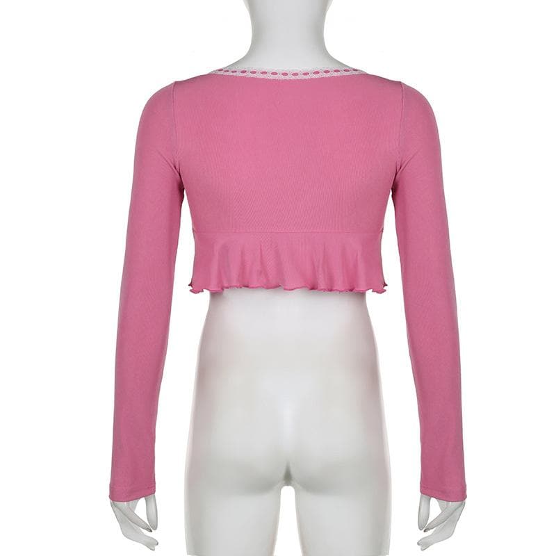 Coquette Dream Pink Lace Peplum Crop Top - Fall's Sweetest Long Sleeve
