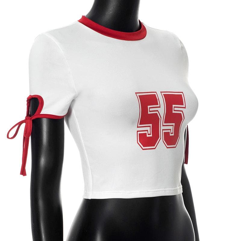 Game Day Ready '55' Crop Top | Women's Retro Ringer Tee with Chic Tie Sleeves