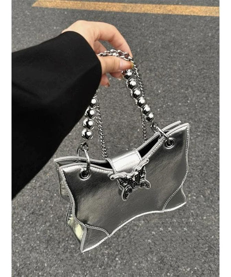 Radiant Silver Butterfly Charm Crossbody – Beaded Y2K Metallic Statement Bag