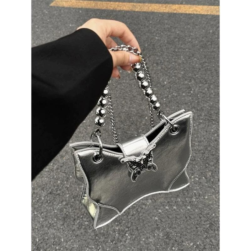Radiant Silver Butterfly Charm Crossbody – Beaded Y2K Metallic Statement Bag
