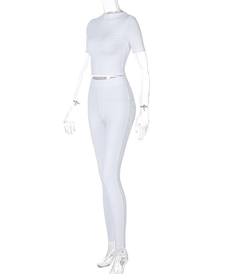 Crisp White Athleisure Set: Short Sleeve Crop Top & High-Waisted Leggings for Fall