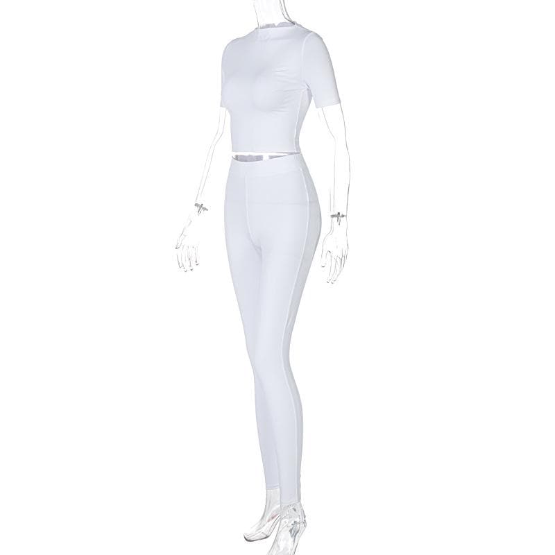 Crisp White Athleisure Set: Short Sleeve Crop Top & High-Waisted Leggings for Fall