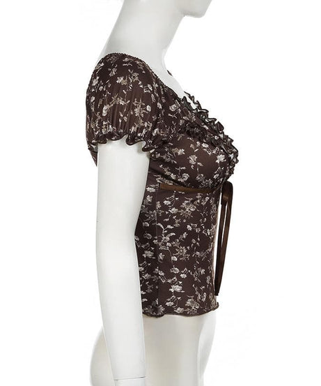 Autumn Bloom Brown Floral Sweetheart Top - Chic Puff Sleeve Ruffle Blouse