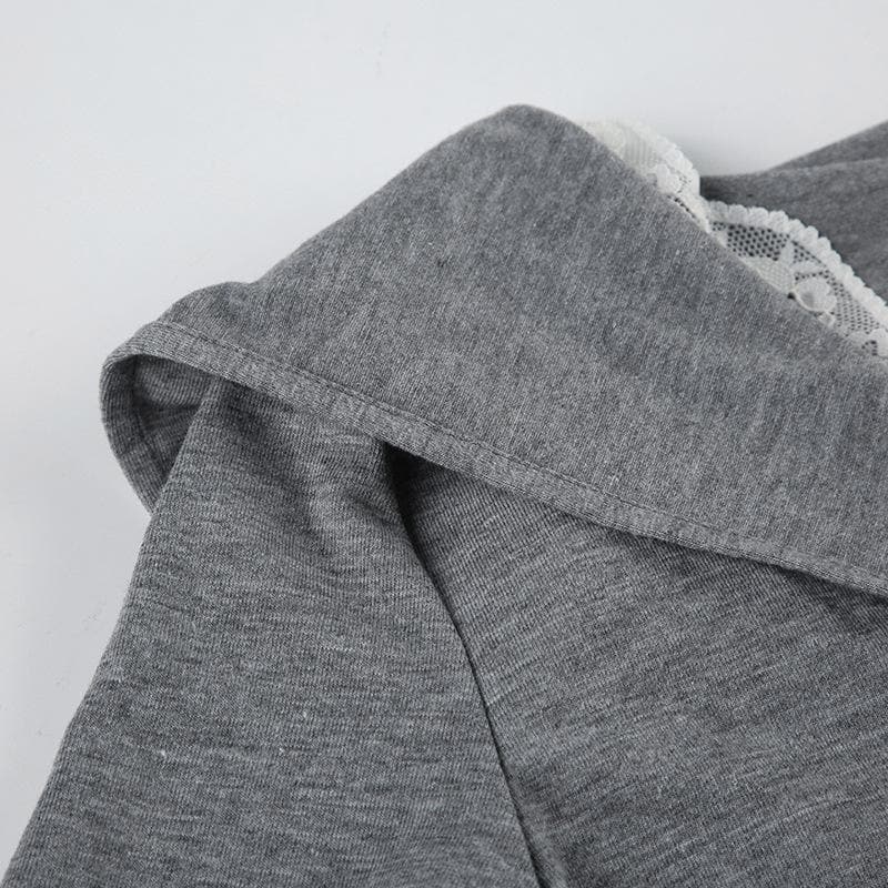 Fall Coquette Bow-Front Hooded Crop Top - Y2K Lace-Trim Long Sleeve for Women