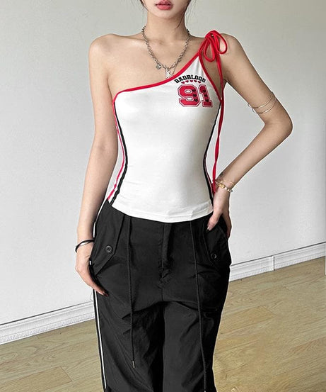 Edgy "BADBLOOD 91" One-Shoulder Graphic Top - Y2K Streetwear Chic for Fall