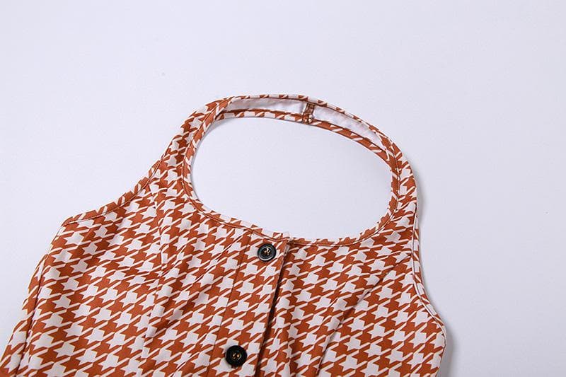 Fall Chic Houndstooth Halter Crop Top | Trendy Long Sleeve Cold Shoulder Blouse