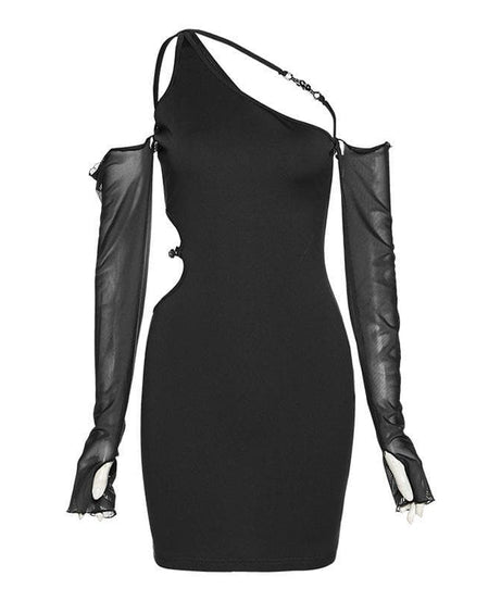 Chain Detail One-Shoulder Bodycon Mini Dress with Sheer Mesh Sleeves – Your Fall & Holiday Party Statement