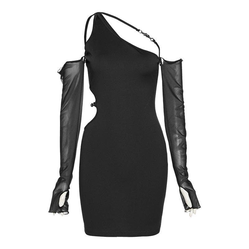 Chain Detail One-Shoulder Bodycon Mini Dress with Sheer Mesh Sleeves – Your Fall & Holiday Party Statement