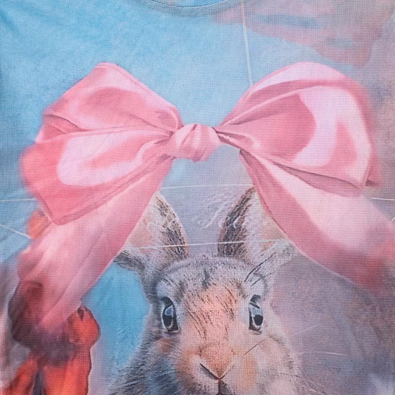 Whimsical Bunny & Pink Bow Mesh Top - Trendy Y2K Fall Style