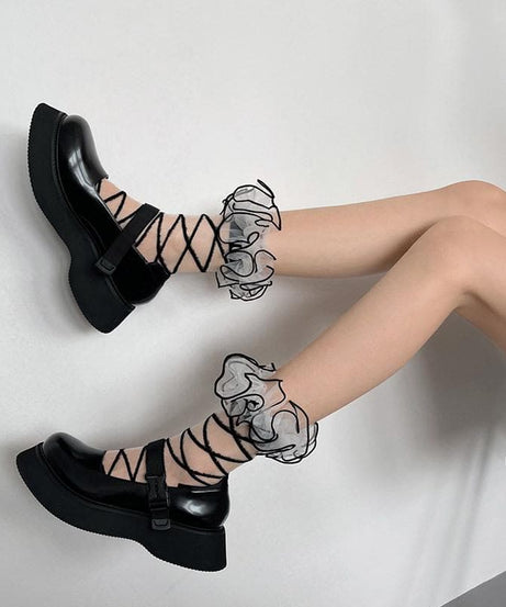 Spooky Chic Lace-Up Ruffle Ankle Socks | Goth & Grunge Sheer Hosiery