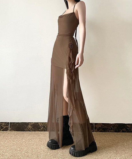 Autumn Ember Halter Mesh Maxi Dress | Sheer Slit Gown with Ruched Detail