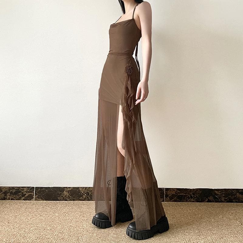 Autumn Ember Halter Mesh Maxi Dress | Sheer Slit Gown with Ruched Detail