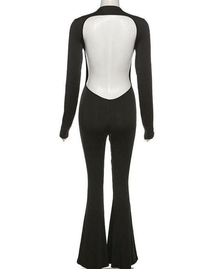 Head-Turning Black Backless Bell Bottom Jumpsuit – Long Sleeve Statement for Fall & Holiday Glam