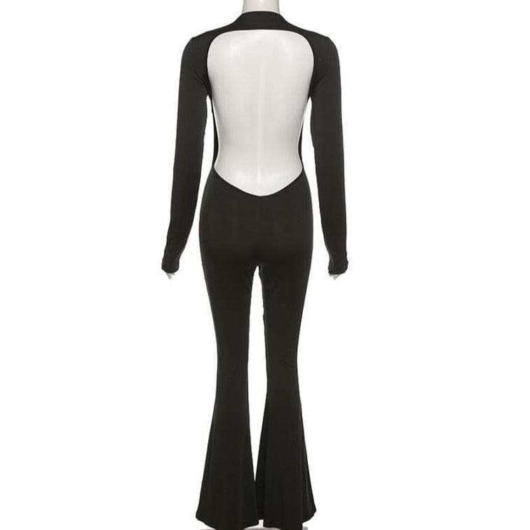 Head-Turning Black Backless Bell Bottom Jumpsuit – Long Sleeve Statement for Fall & Holiday Glam