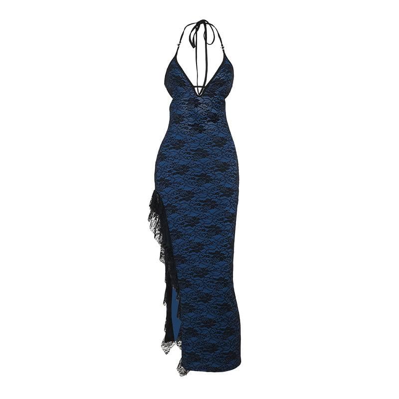 Midnight Blue Lace Halter Maxi Dress with Sassy Slit & Cut-Outs – Your Fall & Holiday Event Staple